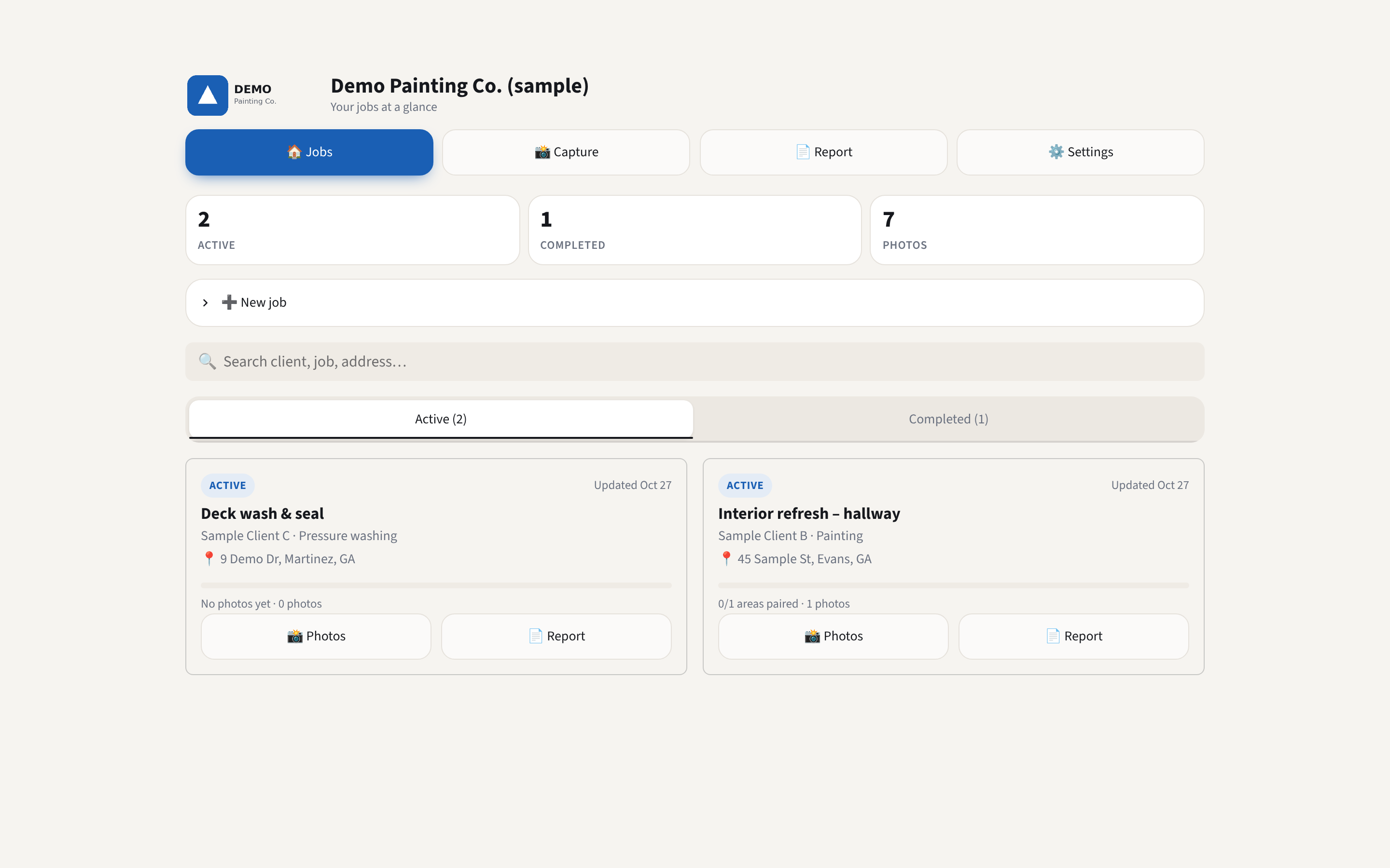 Job Proof desktop dashboard showing active and completed sample jobs