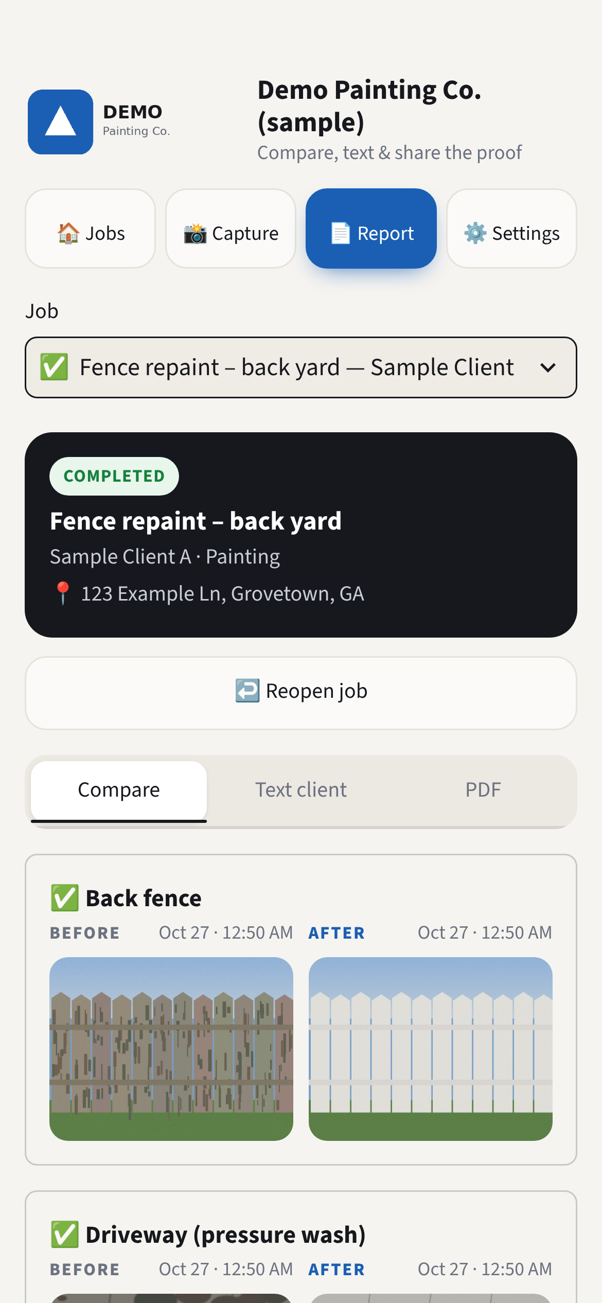 Job Proof mobile report showing paired before-and-after sample photos