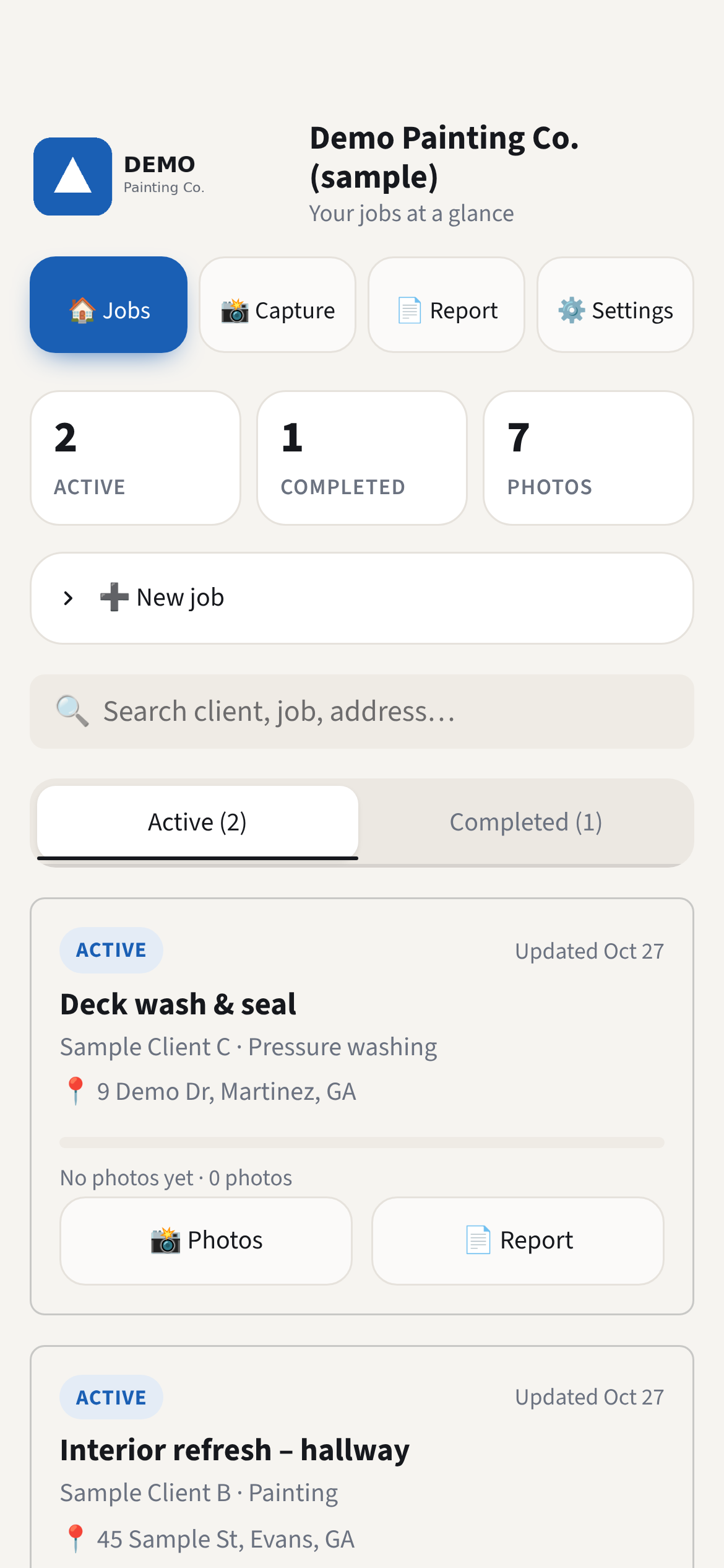 Job Proof mobile dashboard showing sample jobs and progress